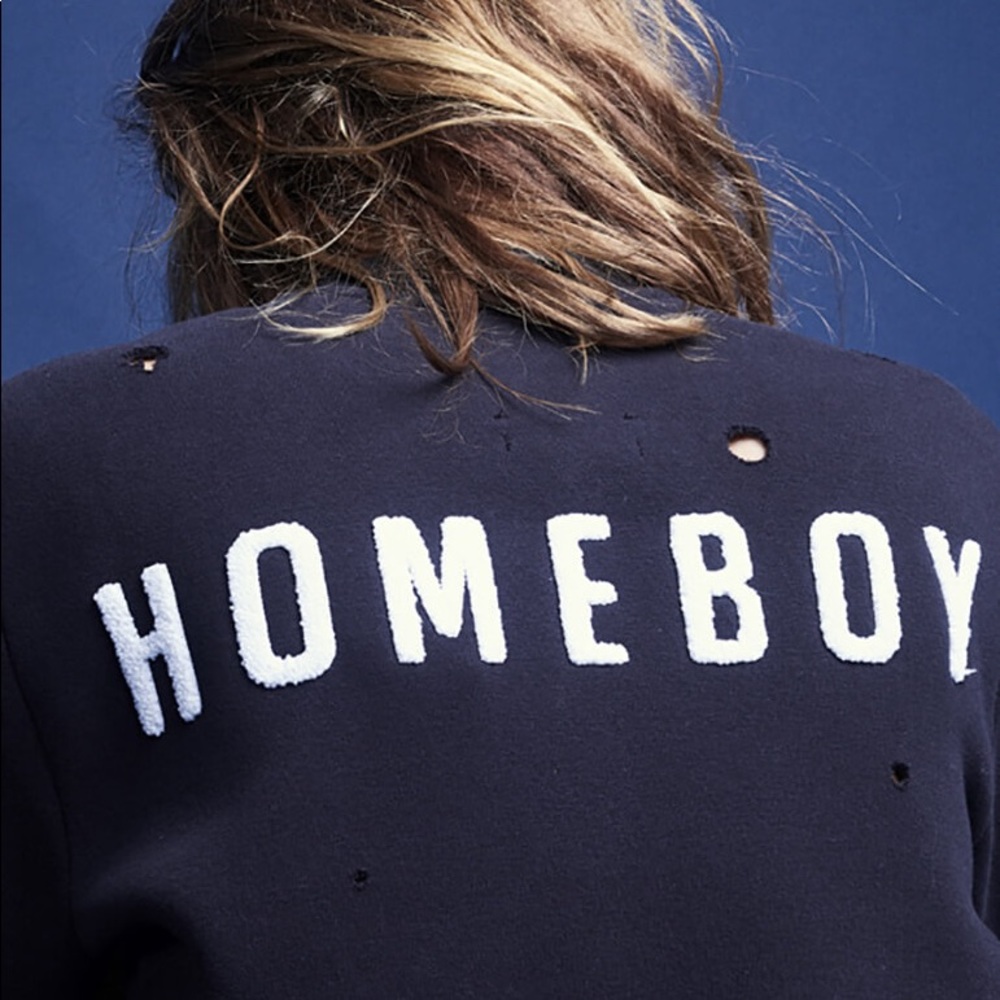 ZOE KARSSEN “HOMEBOY” distressed fleece zip up